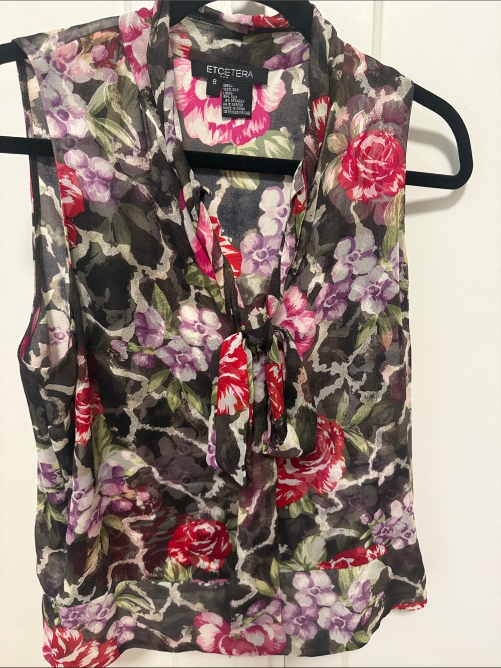ETCETERA Black Floral Tie-Neck Sleeveless Blouse